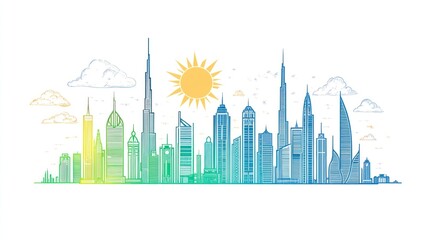 Fototapeta premium Colorful line art cityscape of Dubai skyscrapers