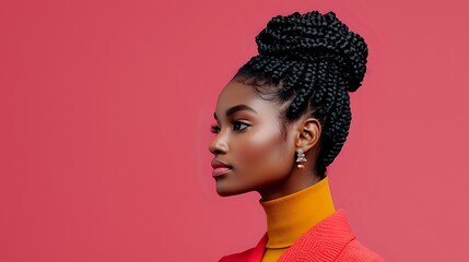 Young African American woman with braided hair bun updo hairstyle wearing orange turtleneck sweater against pink background, profile view showing elegant facial features.