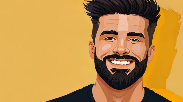 A cheerful young man with a beard and bright smile captivates with his charm in a vibrant yellow backdrop, perfect for influencers.