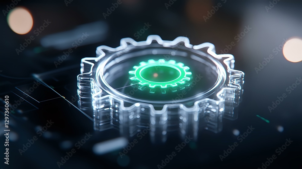 Poster glowing green gear mechanism on dark technological surface with bokeh lights. futuristic mechanical 