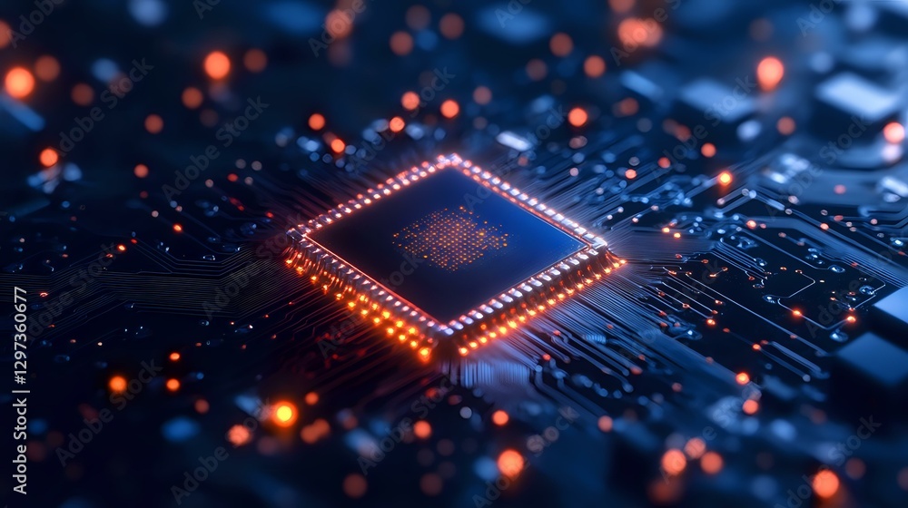 Poster Glowing microchip on circuit board with orange light effects and digital connections, modern processor technology on dark background with bokeh.