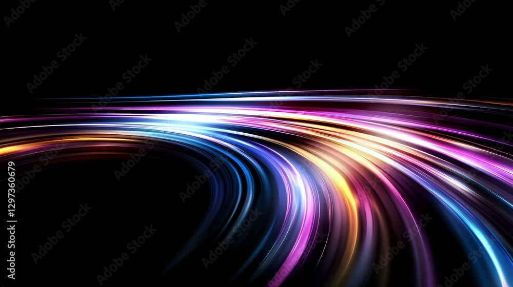 Poster vibrant curved light trails in motion against black background create dynamic flowing effect with bl