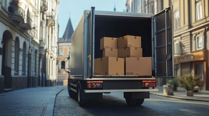 Truck with open doors on the street with boxes loaded inside, Moving And Delivery concept.