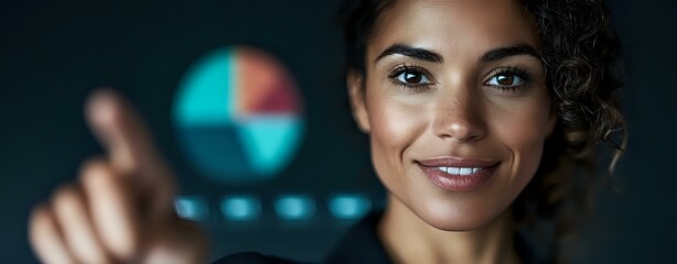 Mixed race businesswoman analyzing financial pie chart data on futuristic transparent display, panoramic view showing confident smile.