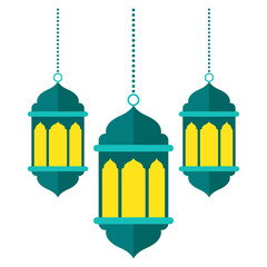 Three teal and yellow lanterns hanging from chains, perfect for adding a pop of color to interior design projects.