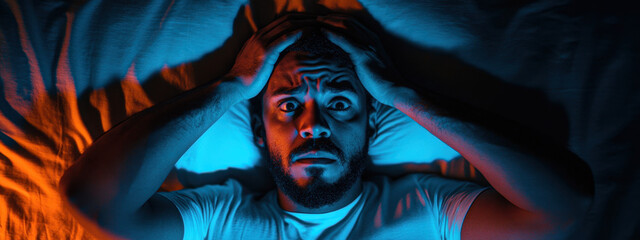 A man with a midlife crisis, suffers from insomnia and thoughts of failure in life, showing anxiety, fear and stress. The concept of midlife crisis.