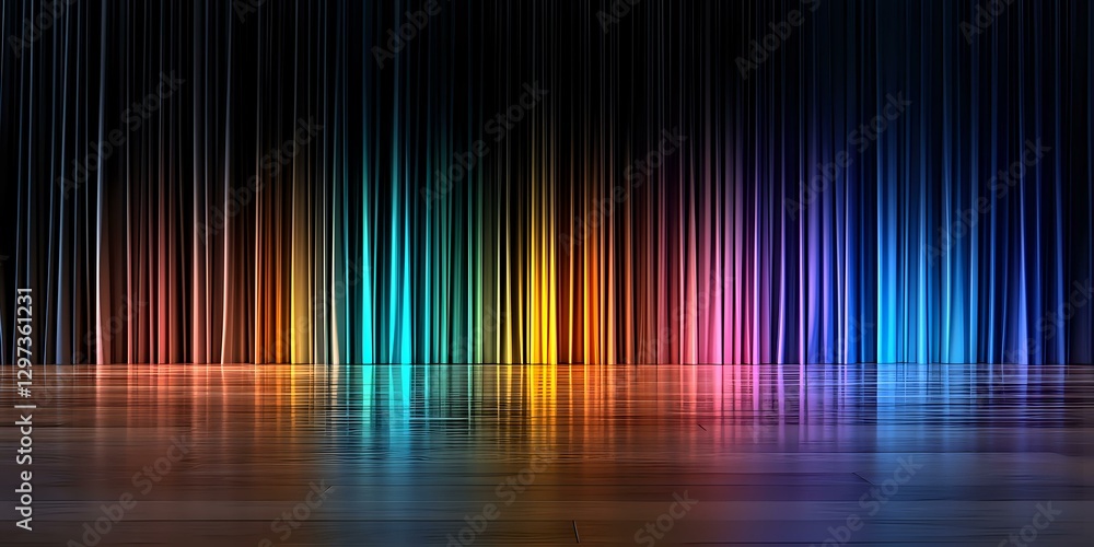 Poster vibrant spectrum of vertical light beams reflecting on glossy surface creates dramatic rainbow effec