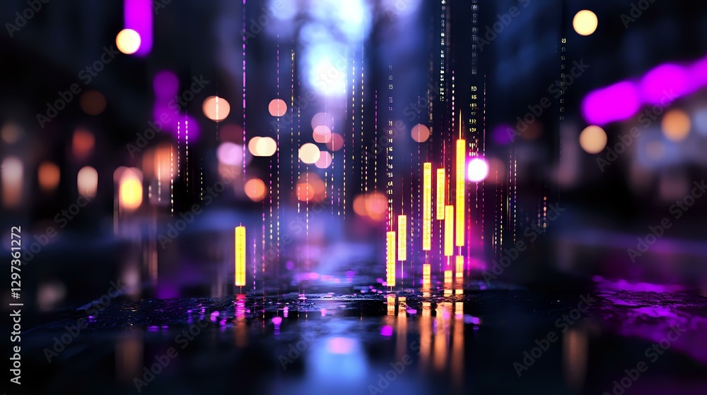 Poster abstract urban nightscape with glowing vertical light streaks and bokeh effects in purple and orange