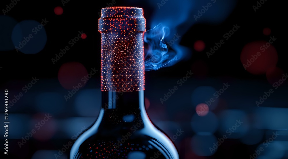 Poster wine bottle with condensation droplets on dark background with bokeh lights and rising steam, creati