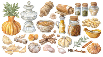 Collection of spices and herbs, illustration, white background, food ingredient display, for cookbook, recipe, or cooking site