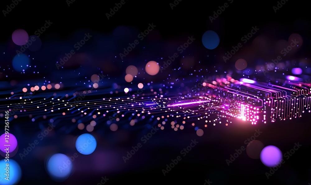 Poster abstract digital wave with glowing particles and bokeh lights in purple and blue colors creating fut