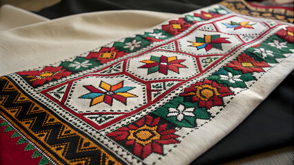 Tatreez, the decorative Palestinian embroidery symbol, showcased on a vibrant piece of fabric