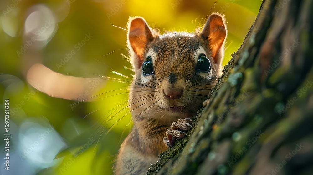 Poster curious squirrel peeking from behind tree trunk in sunlit forest setting with golden bokeh backgroun