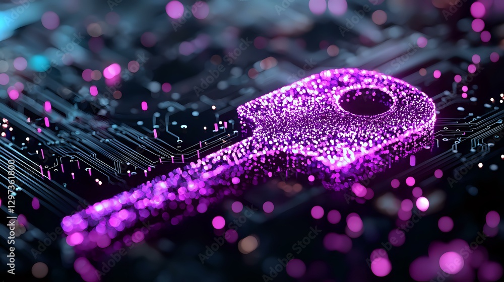 Poster glowing purple key on circuit board with bokeh light effects creates futuristic cybersecurity concep