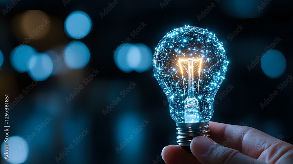 Poster glowing light bulb with blue digital network pattern held against blurred bokeh background, represen