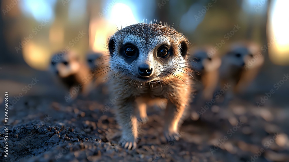 Poster curious meerkat close-up portrait with blurred group in background, looking directly at camera with 