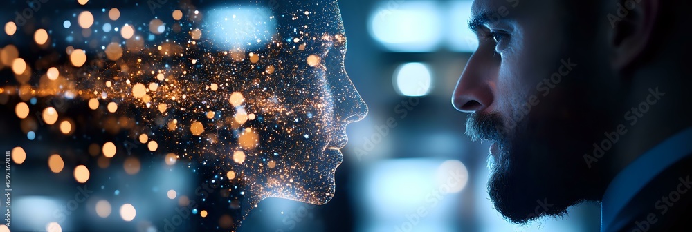 Poster bearded man facing digital artificial intelligence visualization with glowing particles and human fa