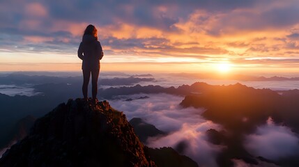 Obraz premium Young woman silhouetted on mountain peak at sunrise, overlooking dramatic cloudscape with golden sun breaking through clouds and misty valleys below.