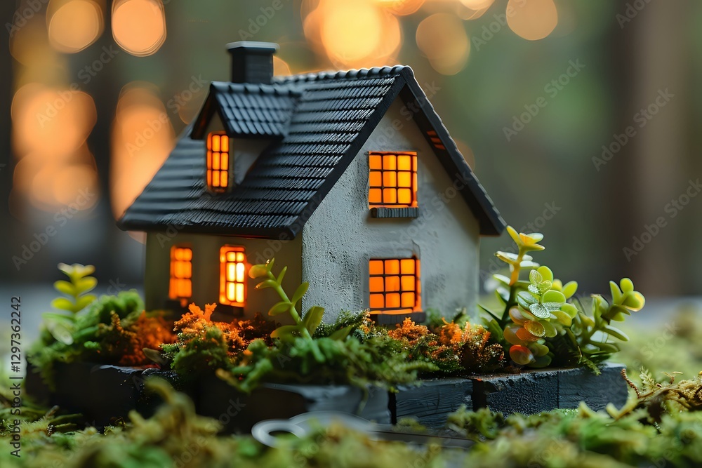Aufkleber miniature house with glowing windows surrounded by tiny garden and moss, captured with soft bokeh li
