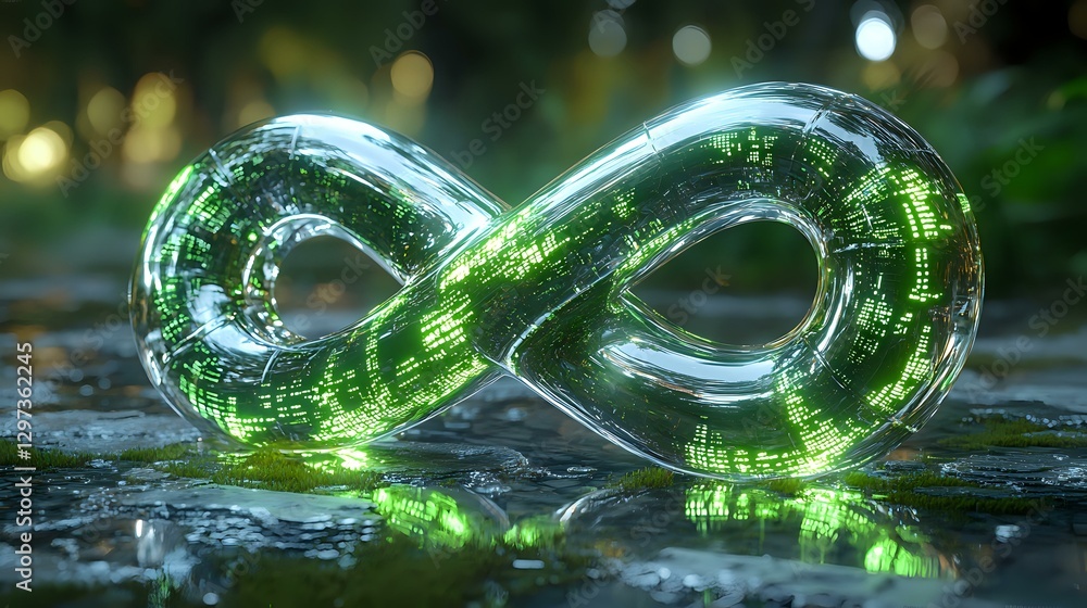 Poster glowing infinity symbol with digital matrix code pattern emits green light against dark background, 