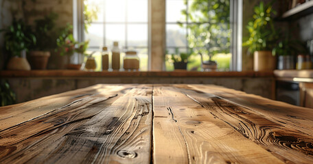 Empty beautiful wood tabletop counter interior clean bright kitchen background product display intricate detail high resolution photorealistic sunny day blurred background