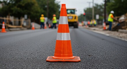 Construction cone in the foreground symbolizing safety and caution during a Labor Day road work project featuring workers in the background actively repairing the street