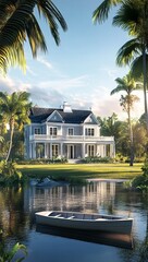 Obraz premium Tranquil house by a serene lagoon, palm trees, idyllic sunset