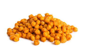 Heap of tasty fried chickpeas on white background
