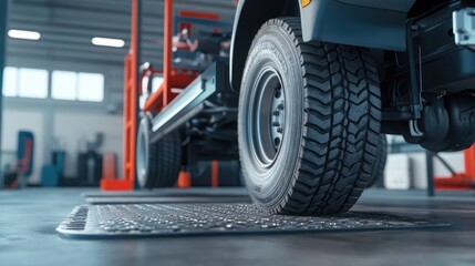 Truck on a lift at a truck service station. close-up of a car's undercarriage.