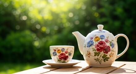 Fototapeta premium Floral teapot and cup set on wooden table in sunny garden setting evoking warmth and tranquility