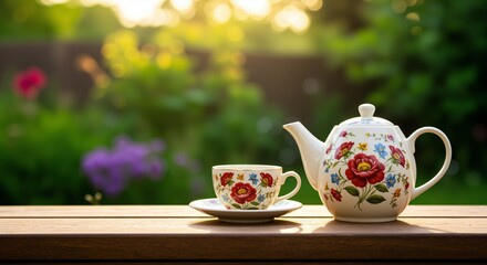 Fototapeta premium A beautifully adorned teapot and delicate teacup with floral patterns, exuding a warm and inviting atmosphere, placed on a rustic wooden surface against a softly blurred green garden background