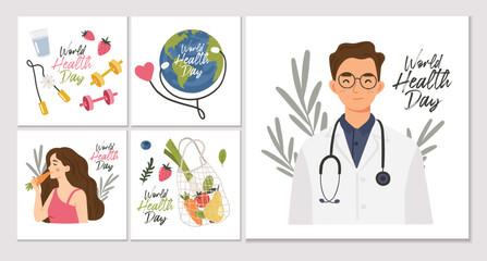 World Health Day, April 7th items, Cards, Template, Earth and fruits, vegetables, sport