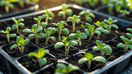 Small green seedlings in potting soil, growing in a seedling tray, ready for transplanting into the garden