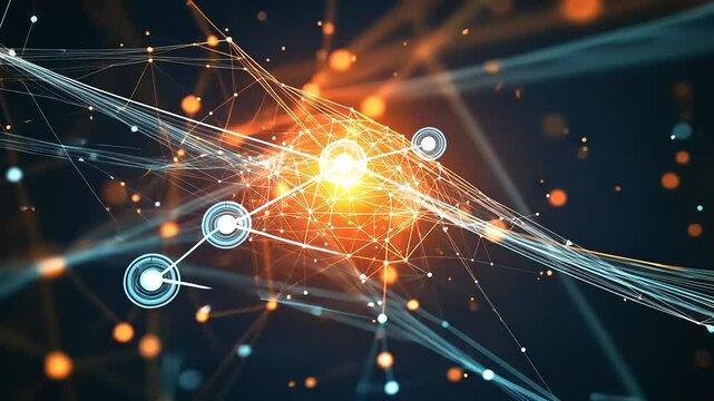 Abstract representation of interconnected nodes and glowing particles in a digital landscape
