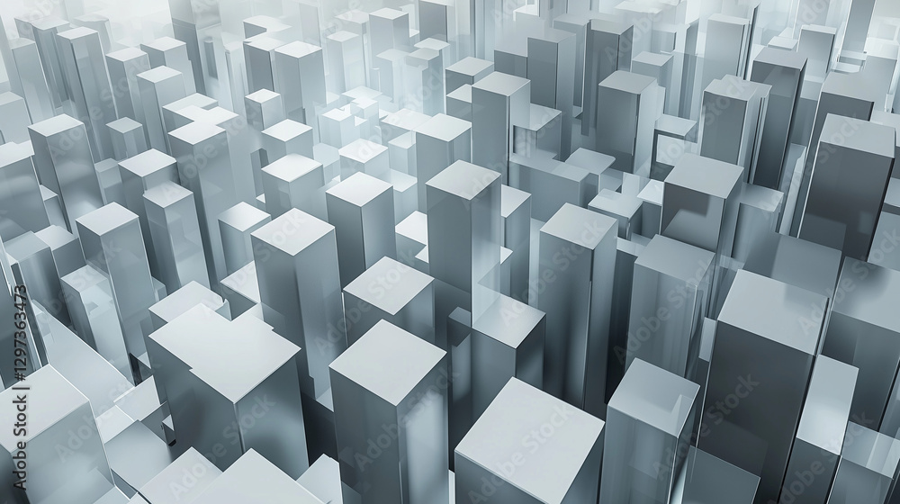 Poster a digital rendering of a dense cityscape composed of numerous light gray cubic structures.