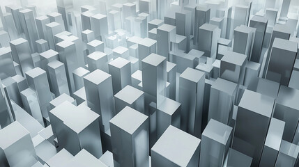 A digital rendering of a dense cityscape composed of numerous light gray cubic structures.