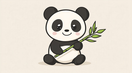 Obraz premium Adorable Cartoon Panda Holding Bamboo, Cute Animal Illustration