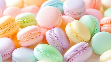 Obraz premium Assortment of delicious pastel colored macaron cookies in a pile