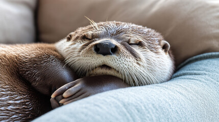 A mesmerizing ultra-HD portrait of a gentle otter lying comfortably on a soft cushion, eyes half-closed in a state of deep relaxation