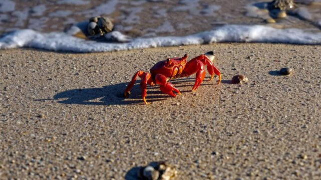 Close-up video of a red crab on a sandy beach, shot from a low angle. The crab is surrounded by small shells and pebbles, with gentle waves in the background.