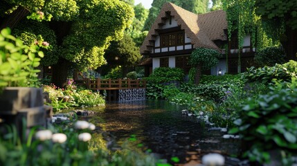 Obraz premium Serene countryside scene featuring a quaint cottage by a tranquil stream surrounded by lush greenery