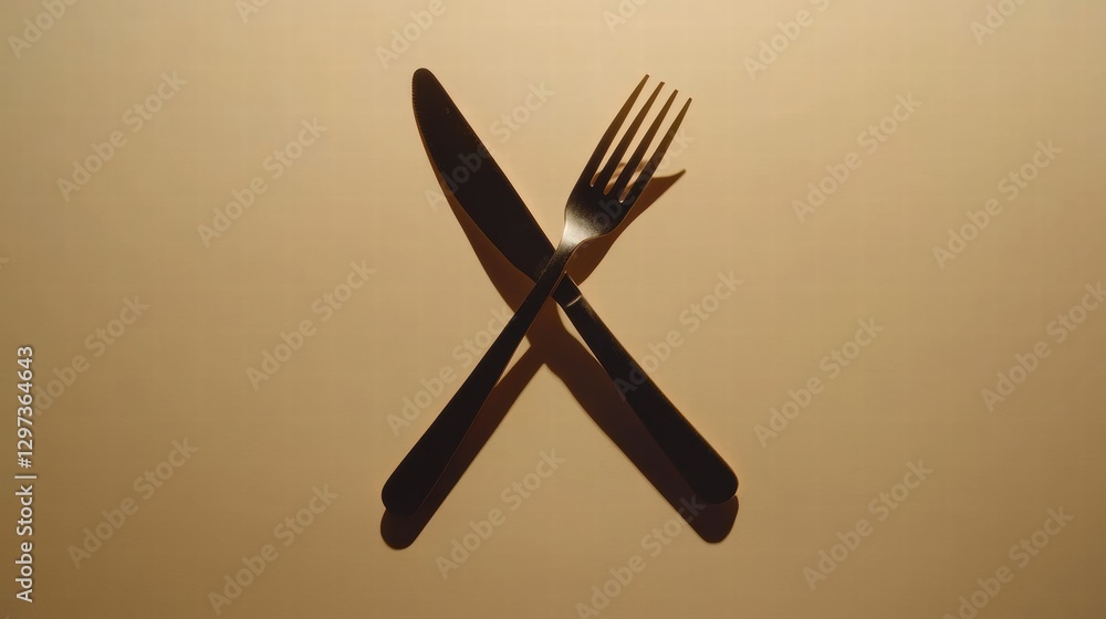 Poster crossed knife and fork casting shadows on a flat surface in a simple dining setting. generative ai