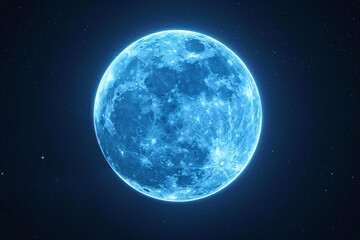 Fototapeta premium Moon glowing in dark sky with animated style and white stars on black background. Large full blue moon adding a cinematic feel.