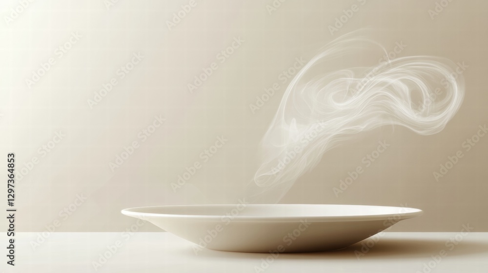 Poster hot steam rises from an empty white plate on a table with a soft neutral background in a cozy kitche