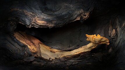 Golden Chanterelle Mushroom Emerging from Dark Forest Hollow: Nature Photography AI Generated