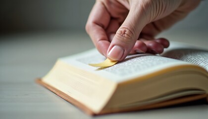 Hand placing bookmark in open book on wooden table