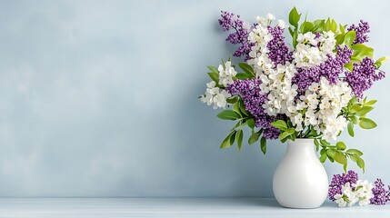 Fototapeta premium Lilac Bouquet in White Vase: Springtime Still Life Photography AI Generated