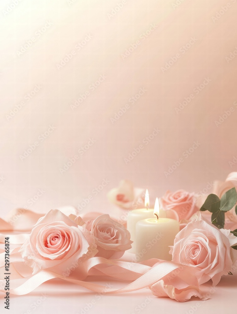 Aufkleber soft pink roses and candle create a serene atmosphere for celebration or relaxation in a minimalist 