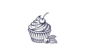cup cake with cherry on top line art vector illustration