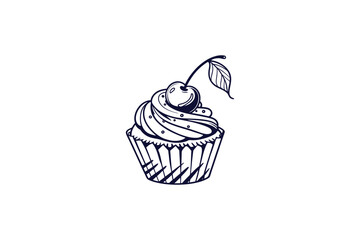 cup cake with cherry on top line art vector illustration